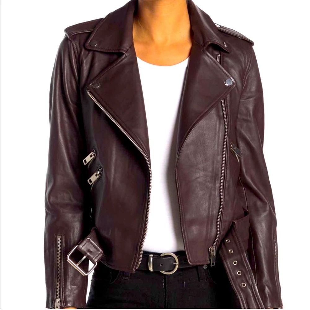 Walter Baker 100% lamb leather Moto jacket in PLUM / BURGUNDY size SMALL NWT